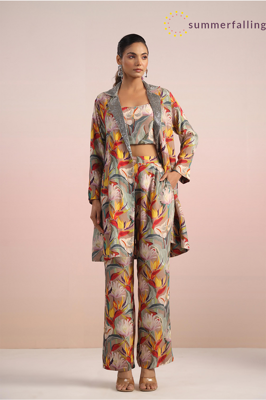 SummerFalling-Beige Floral Printed Tafetta Himalayan Silk Jacket Co-Ord Set