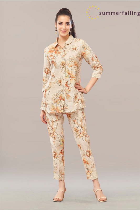 SummerFalling-Antique White Floral Printed German Linen Co-Ord Set