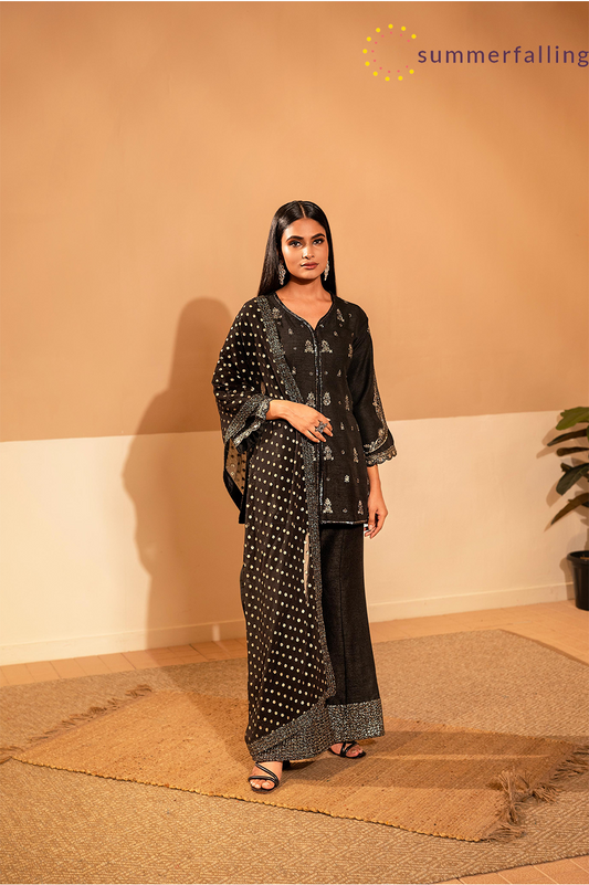 SummerFalling-Black Embellished Raw Silk Palazzo Set