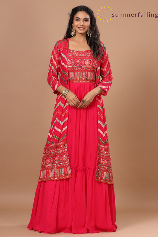 SummerFalling-Alluring Rani Pink Resham Embroidered Dress with Cape