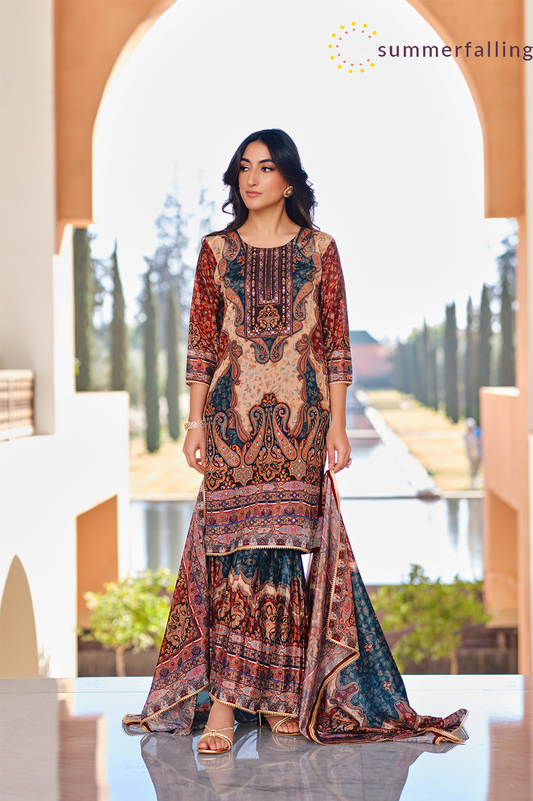 SummerFalling-Beige Traditional Printed Premium Silk Sharara Set