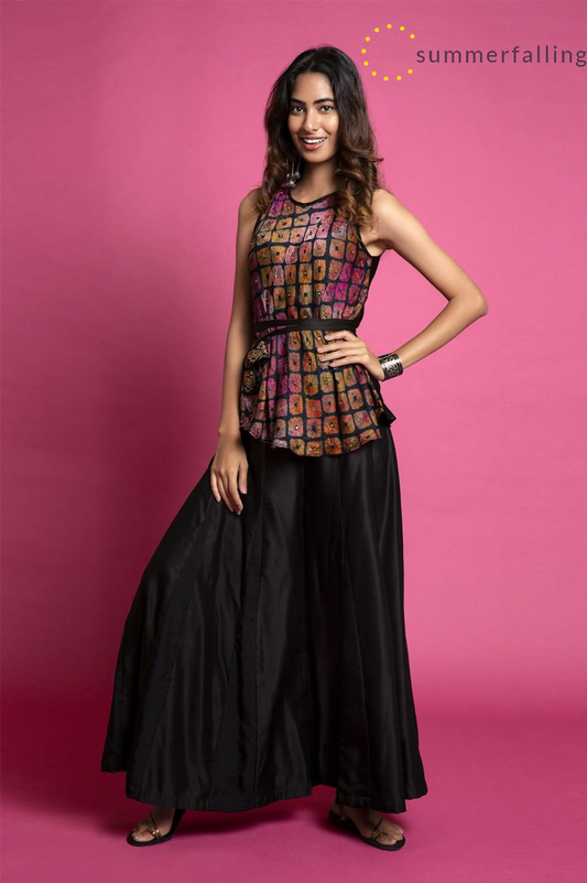SummerFalling-Bias Top And High Low Jacket With Panelled Sharara Pants