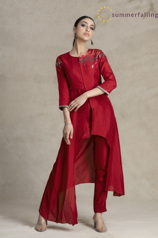 SummerFalling-Asymmetrical Carmine Red German Silk Kurta Pant Set