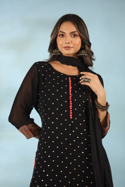 SummerFalling-Black Embellished Kurta with Floral Sharara Set