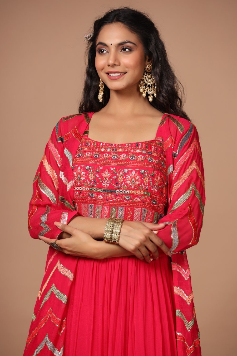 SummerFalling-Alluring Rani Pink Resham Embroidered Dress with Cape