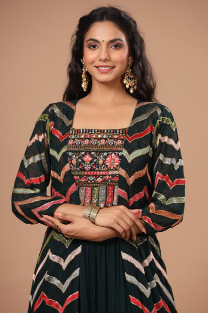 SummerFalling-Alluring Bottle Green Resham Embroidered Dress With Cape