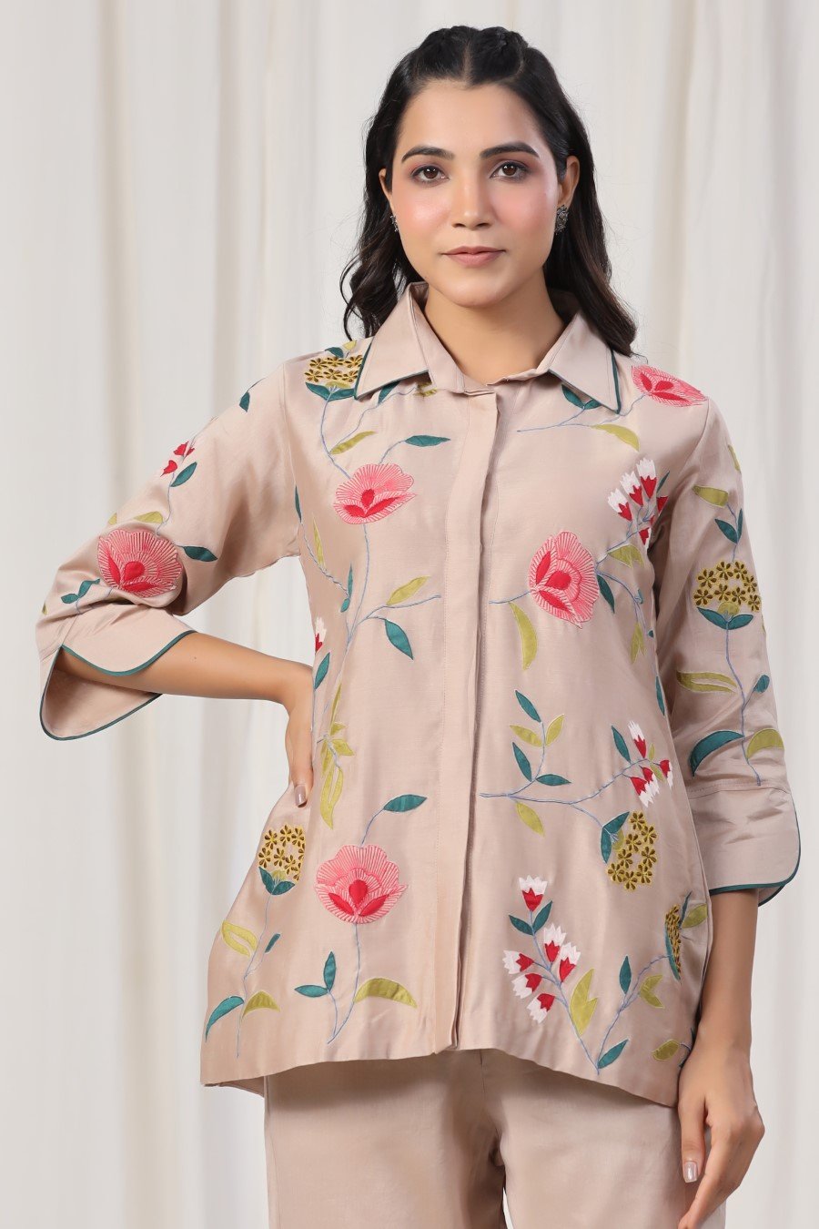 SummerFalling-Beige Chanderi Silk Embroidered Co-ord Set