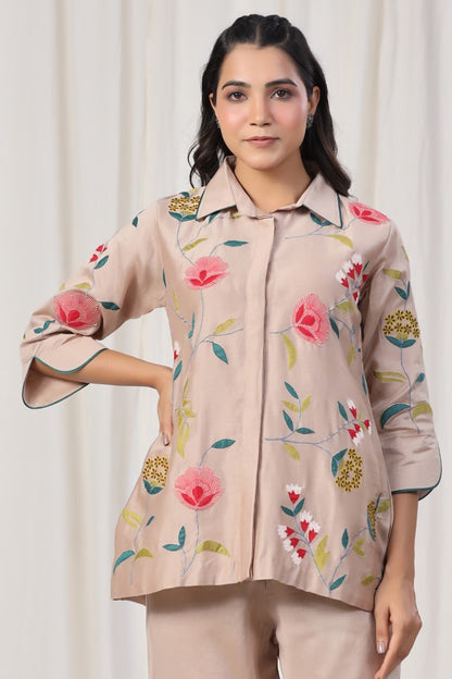 SummerFalling-Beige Chanderi Silk Embroidered Co-ord Set