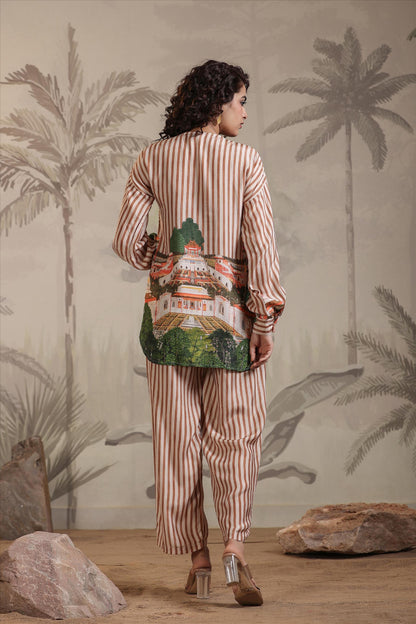 SummerFalling-Beige Stripe Printed Muslin Silk Co-Ord Set