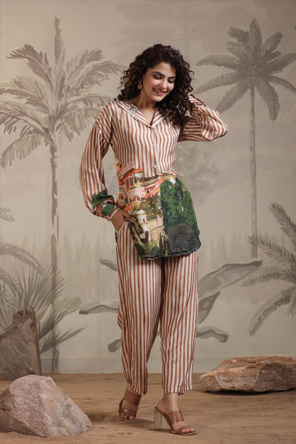 SummerFalling-Beige Stripe Printed Muslin Silk Co-Ord Set