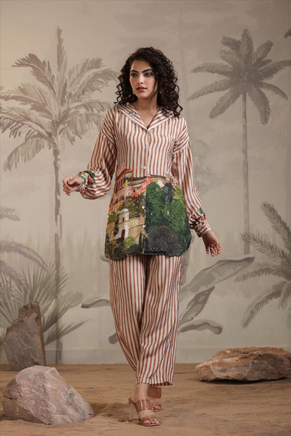 SummerFalling-Beige Stripe Printed Muslin Silk Co-Ord Set