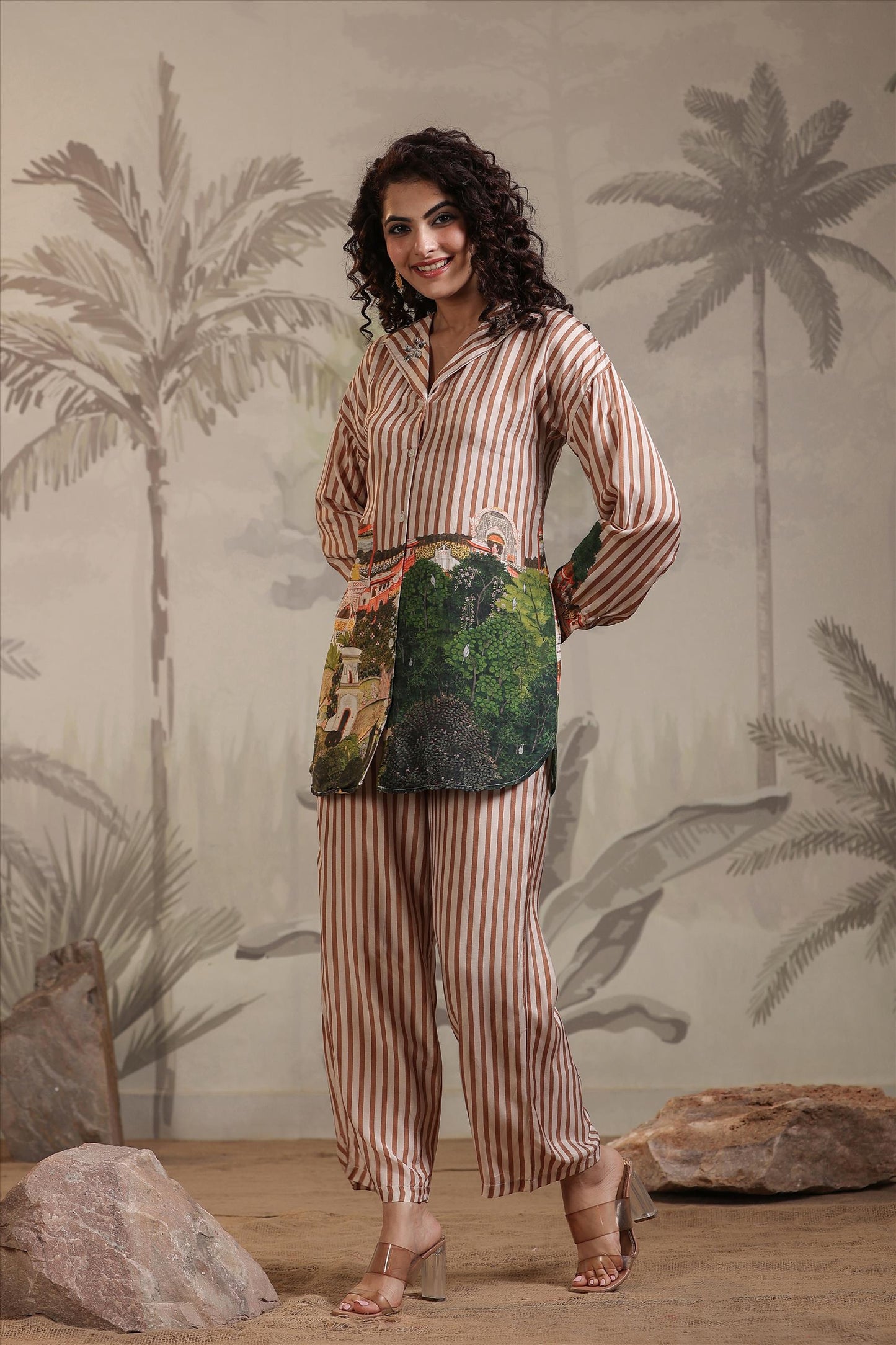 SummerFalling-Beige Stripe Printed Muslin Silk Co-Ord Set