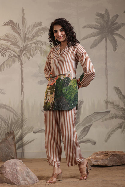 SummerFalling-Beige Stripe Printed Muslin Silk Co-Ord Set