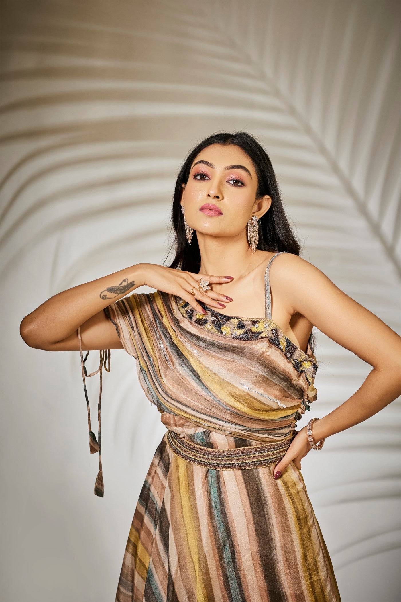 SummerFalling-Beige Striped Pure Chinnon Tunic with Sharara