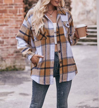 Womens Casual Plaid Jacket Oversized Button Down Long Sleeve Coat Tops
