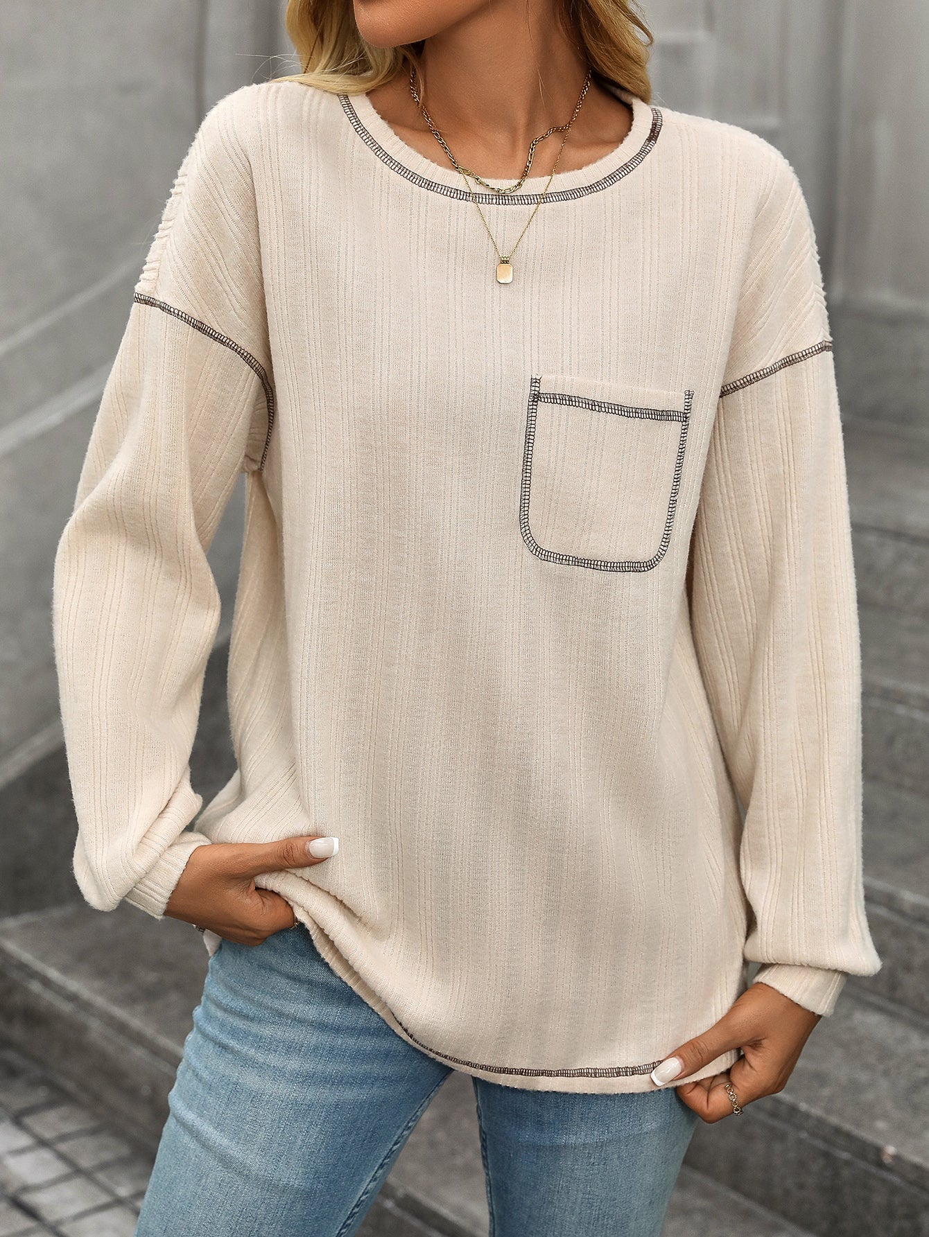 Long Sleeve Shirts For Women Casual Solid Crewneck Knitted Loose Fit Pullover Shirts Tops