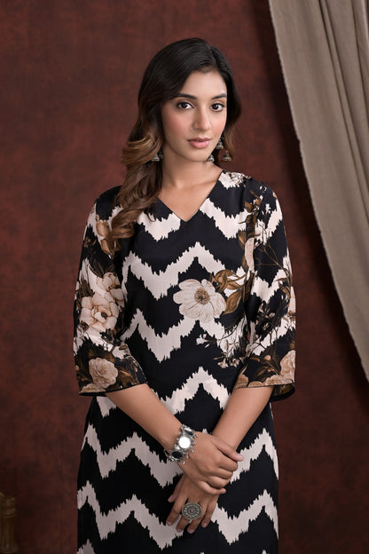 SummerFalling-Black Chevron Printed Mosche Silk kurta with Pants