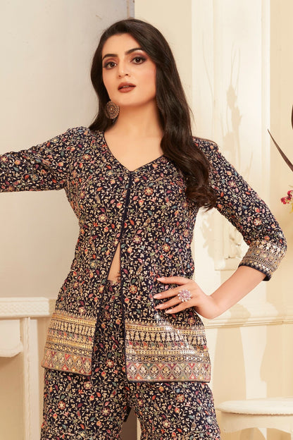 SummerFalling-Black Embroidered Banarasi Silk Cape Set
