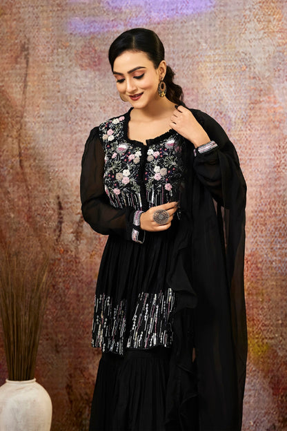 SummerFalling-Black Embellished Pure Crepe Silk Sharara Set