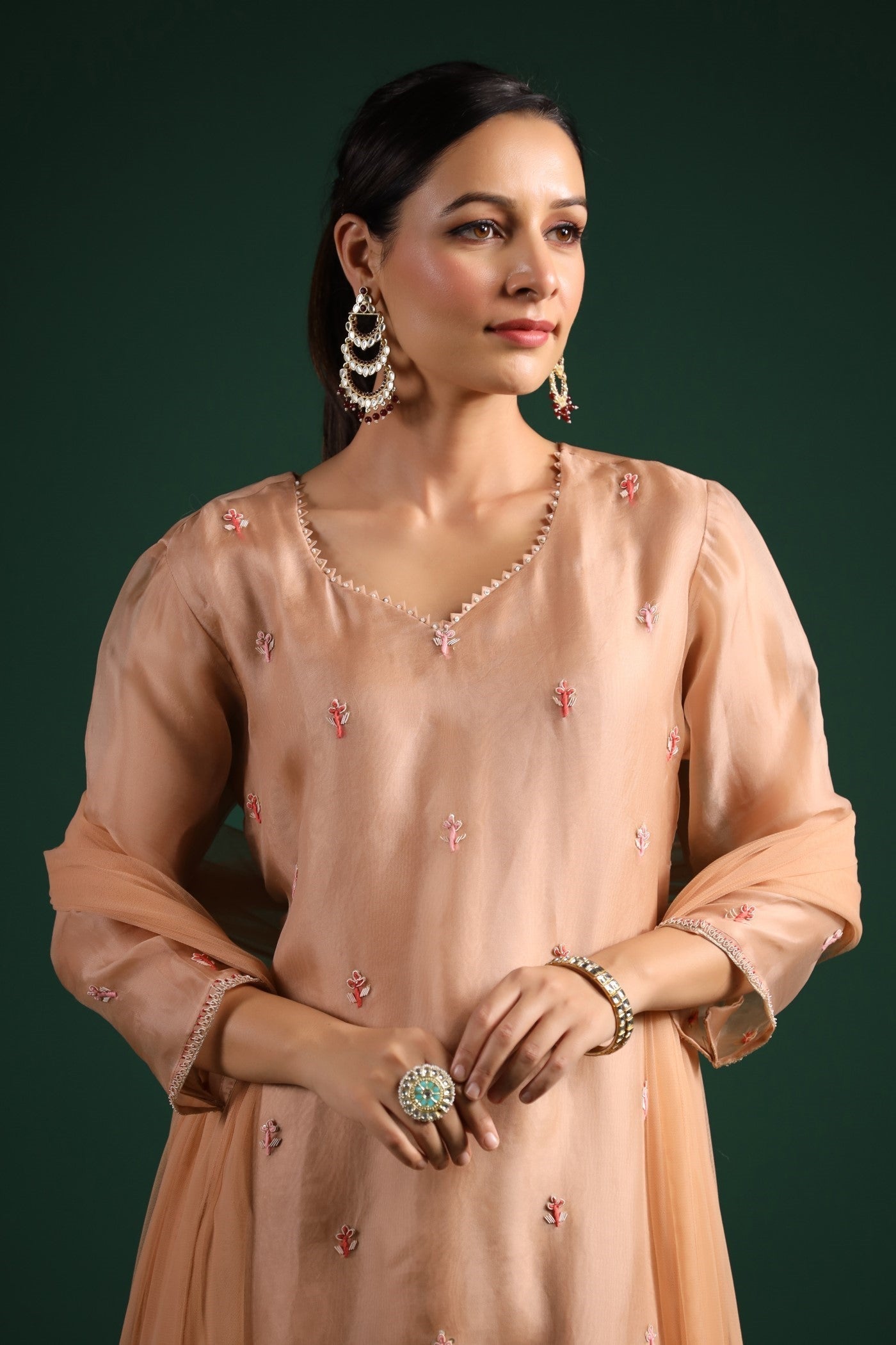 SummerFalling-Beige Organza Silk Kurta Set