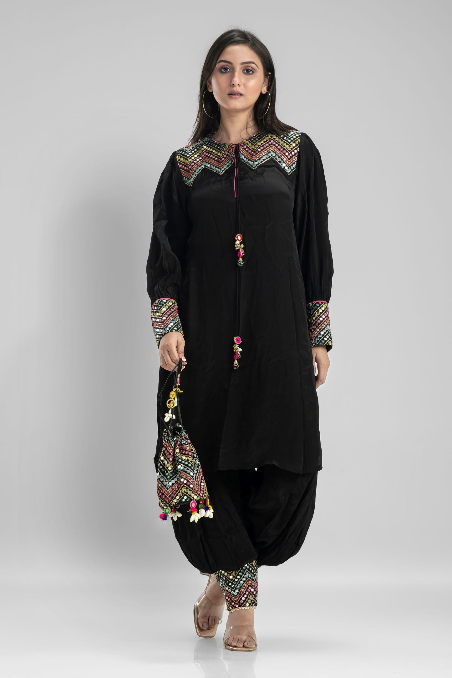 SummerFalling-Black Embroidered Muslin Silk Patiala Pants Set