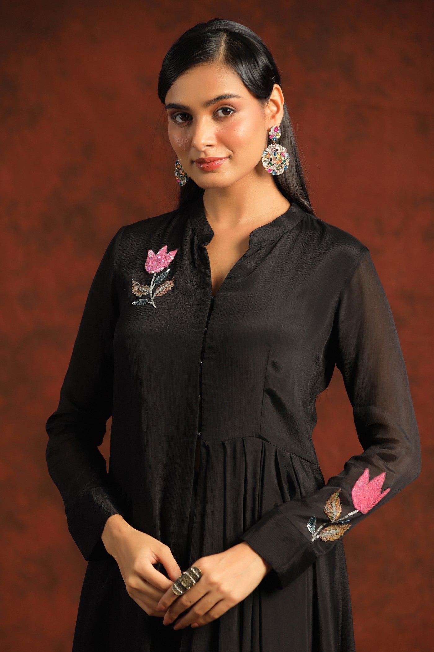 SummerFalling-Black Embelkished Chinon Chiffon Tunic Set