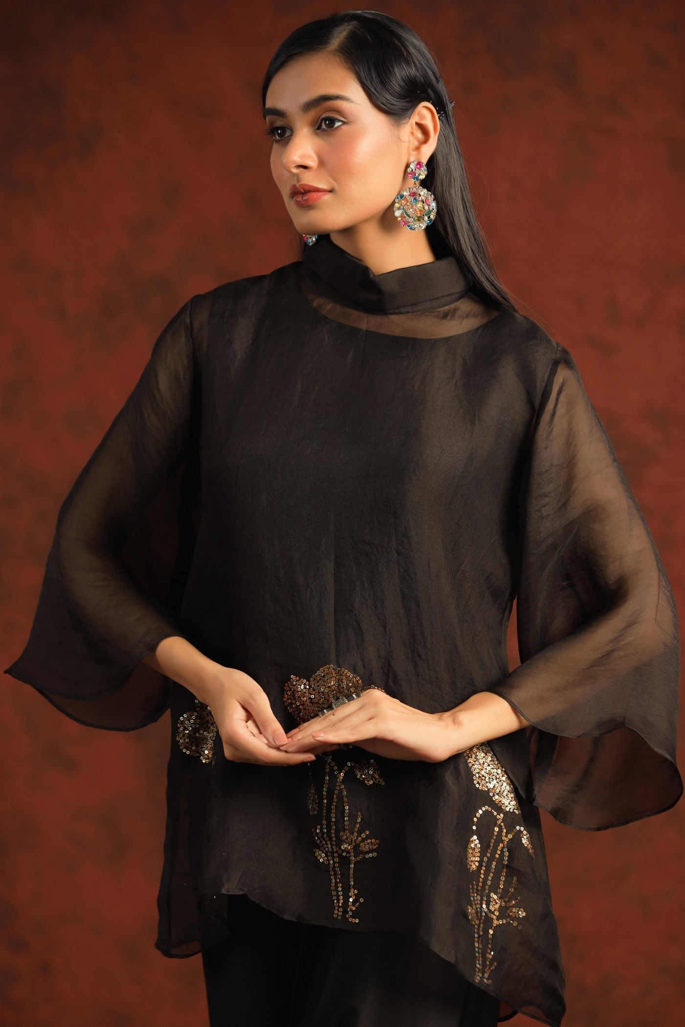 SummerFalling-Black Embellished Organza Silk Co-ord Sets