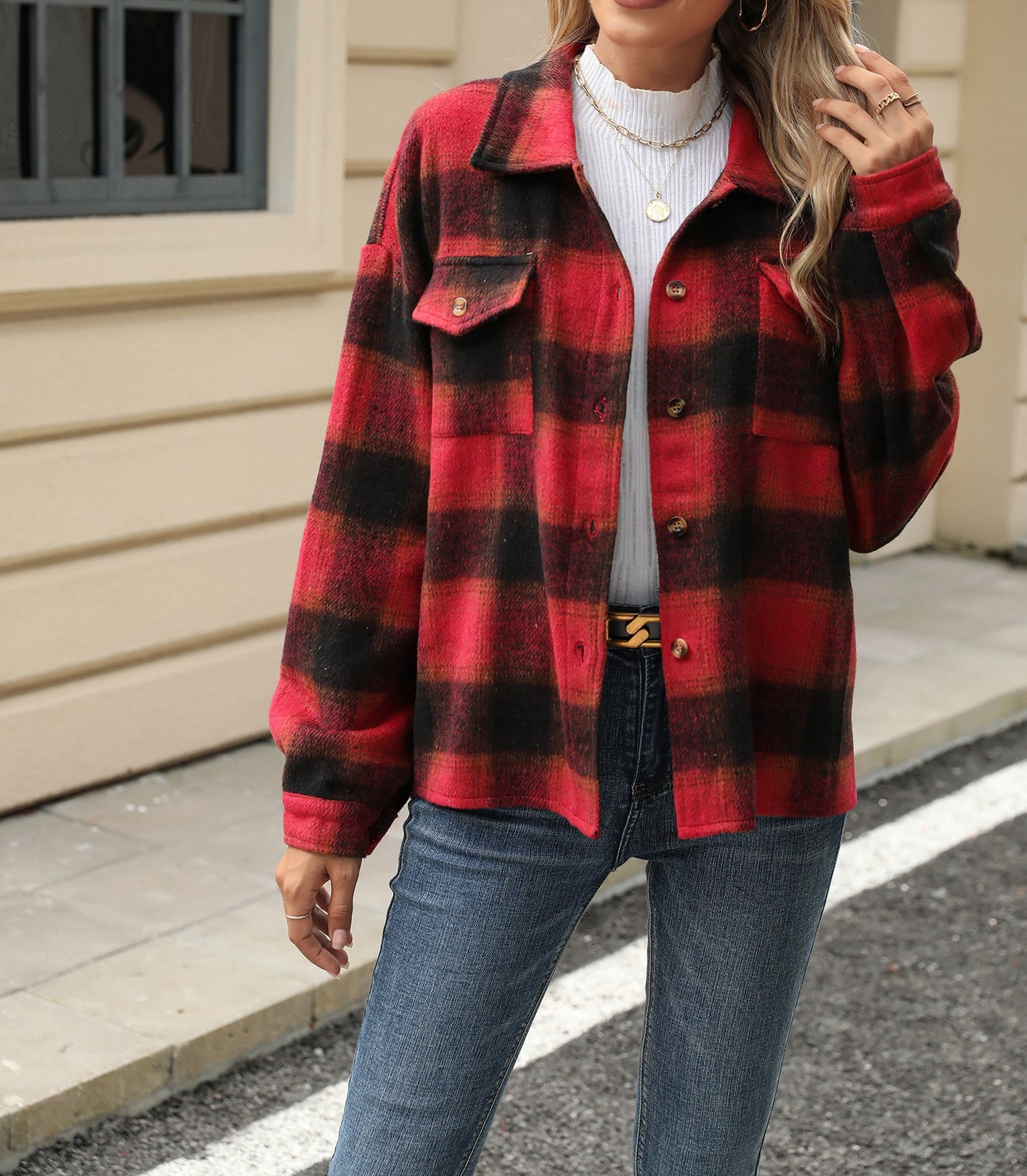 Womens Fashion Shirts Jacket Christmas Long Sleeve Button Down Plaid Shirt Casual Work Tops