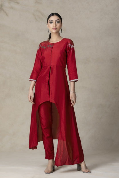 SummerFalling-Asymmetrical Carmine Red German Silk Kurta Pant Set