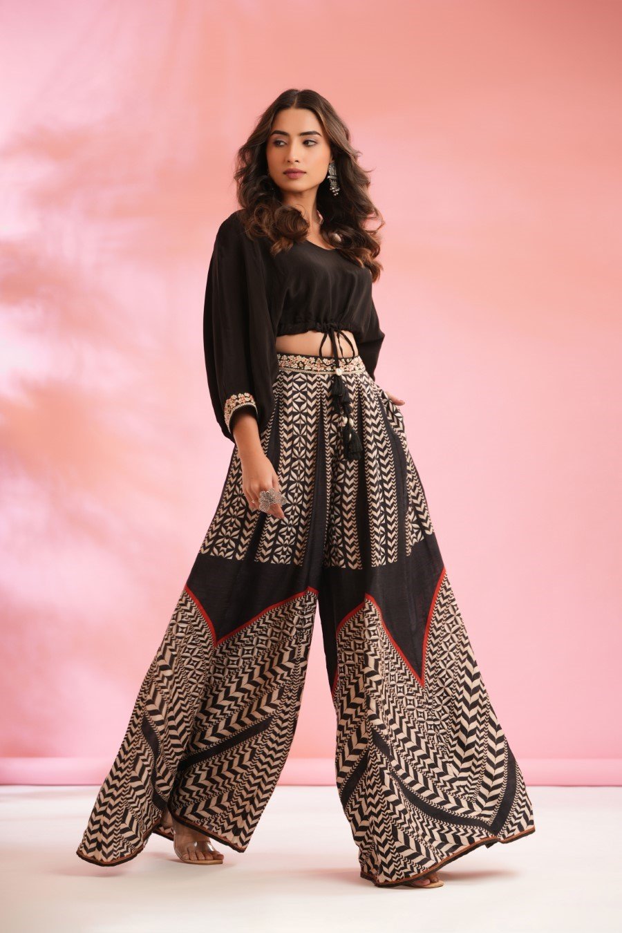 SummerFalling-Black Chevron Palazzo Pants with Crop Top