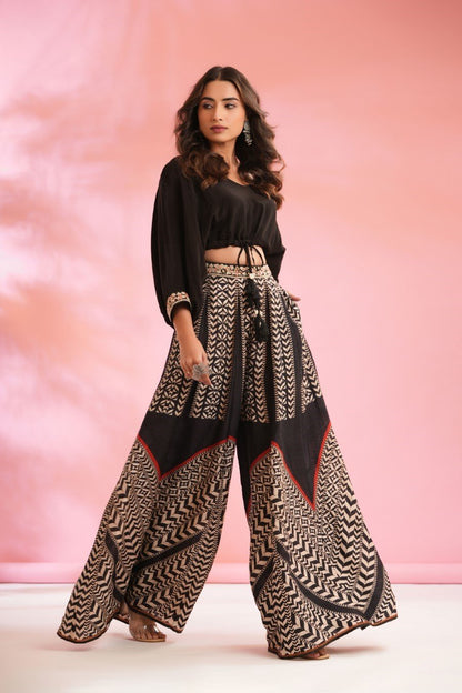 SummerFalling-Black Chevron Palazzo Pants with Crop Top