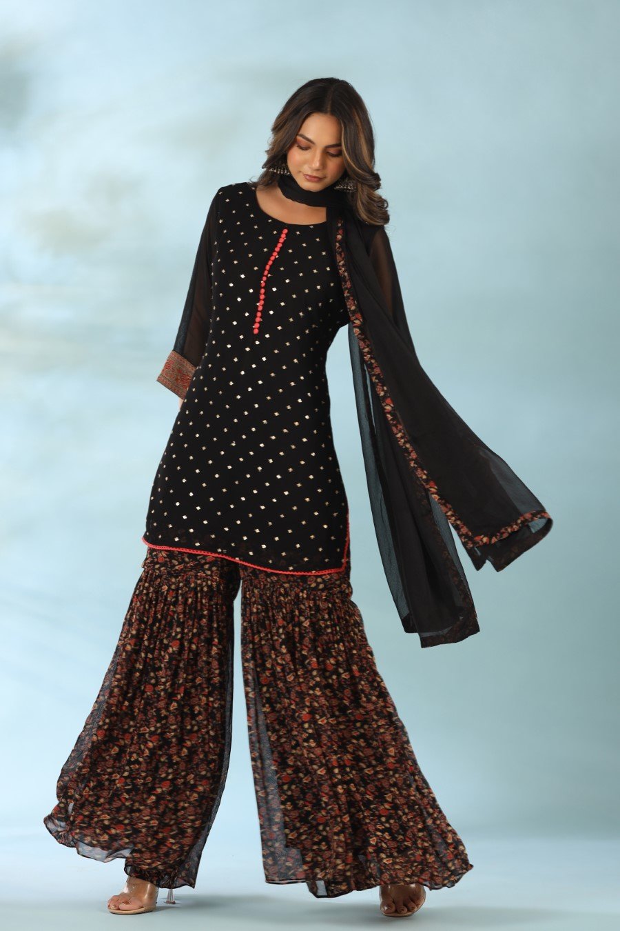 SummerFalling-Black Embellished Kurta with Floral Sharara Set