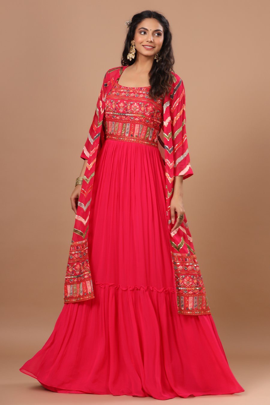 SummerFalling-Alluring Rani Pink Resham Embroidered Dress with Cape