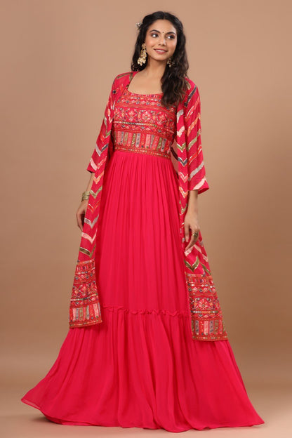 SummerFalling-Alluring Rani Pink Resham Embroidered Dress with Cape