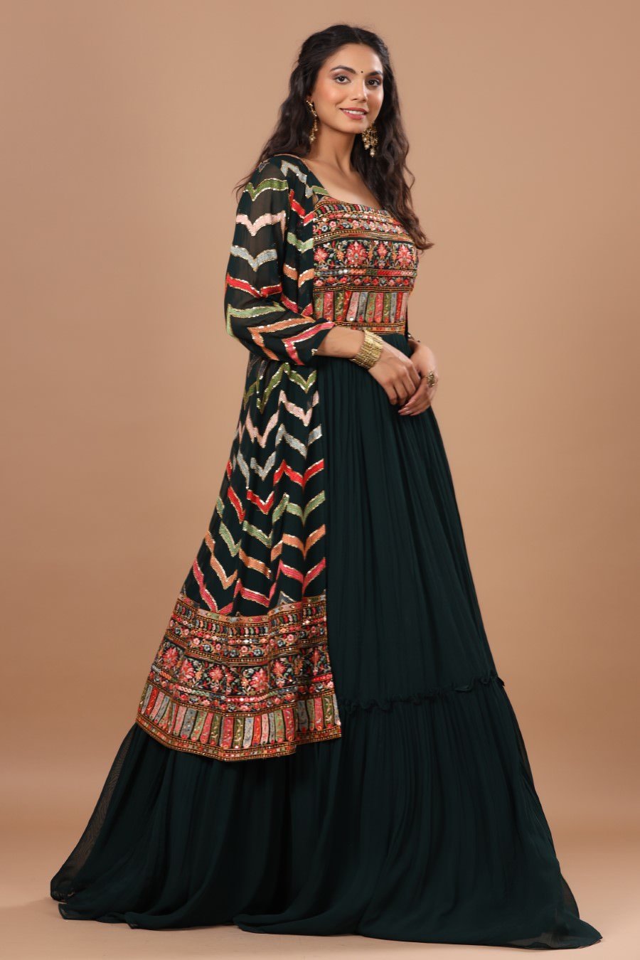 SummerFalling-Alluring Bottle Green Resham Embroidered Dress With Cape