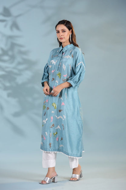 SummerFalling-Aqua Blue Morish Silk Kurta with Pants