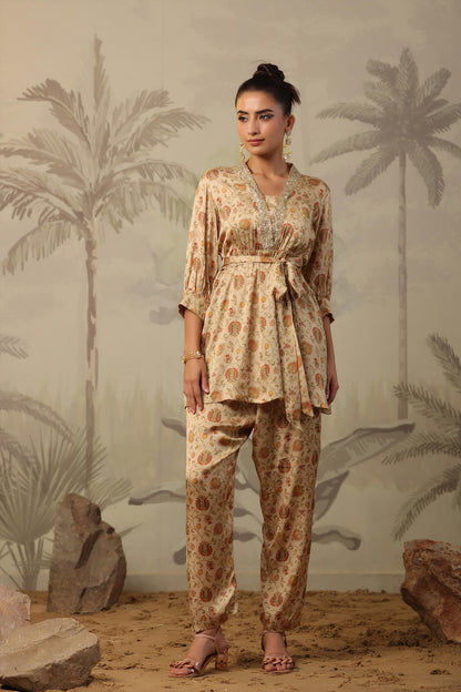 SummerFalling-Beige Chintz Printed Satin Silk Co-Ord Set