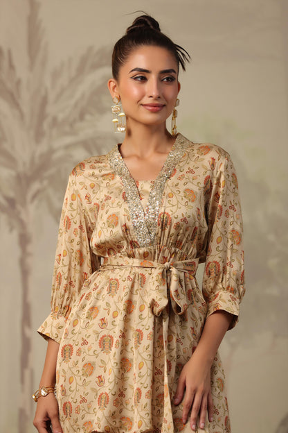 SummerFalling-Beige Chintz Printed Satin Silk Co-Ord Set
