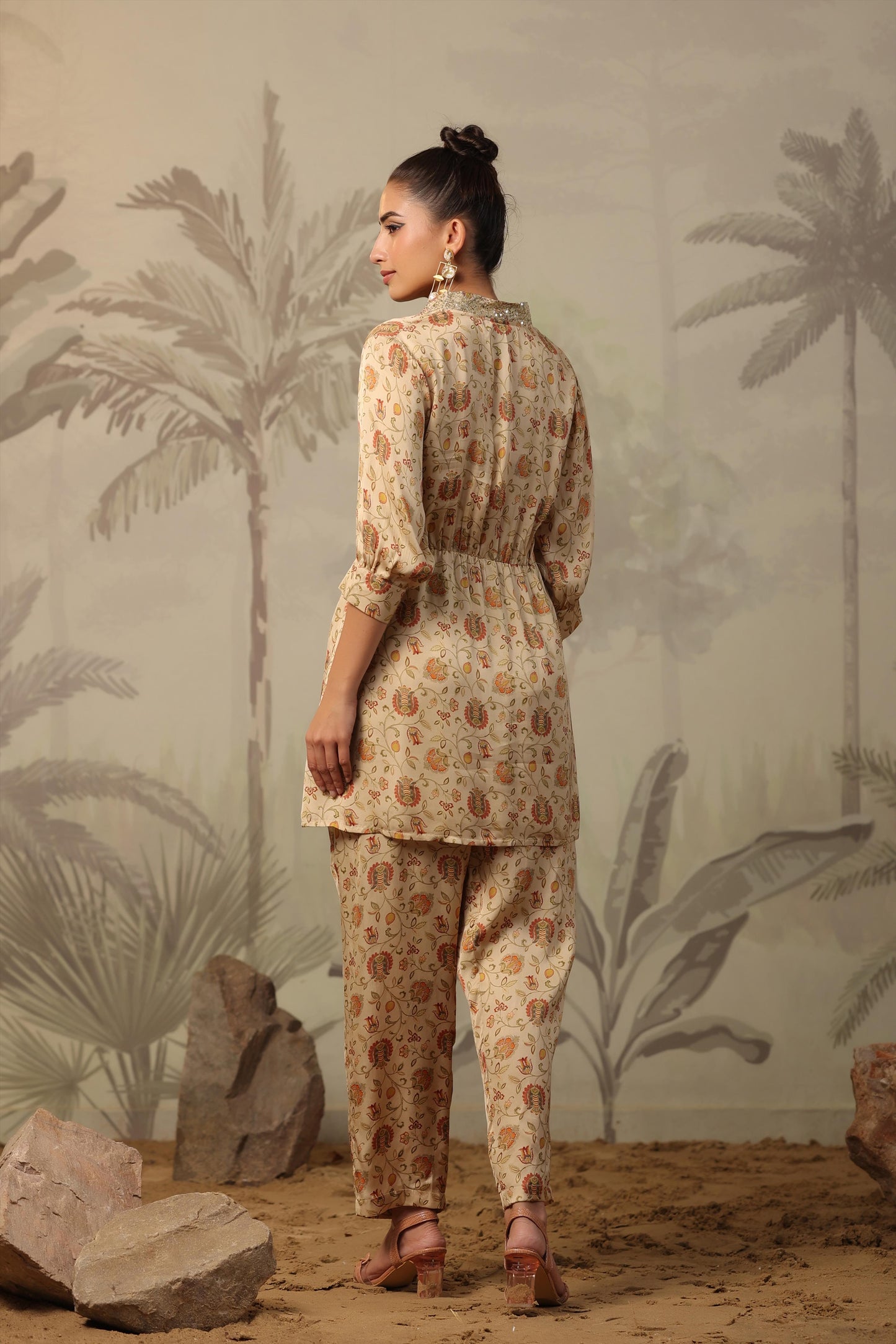 SummerFalling-Beige Chintz Printed Satin Silk Co-Ord Set