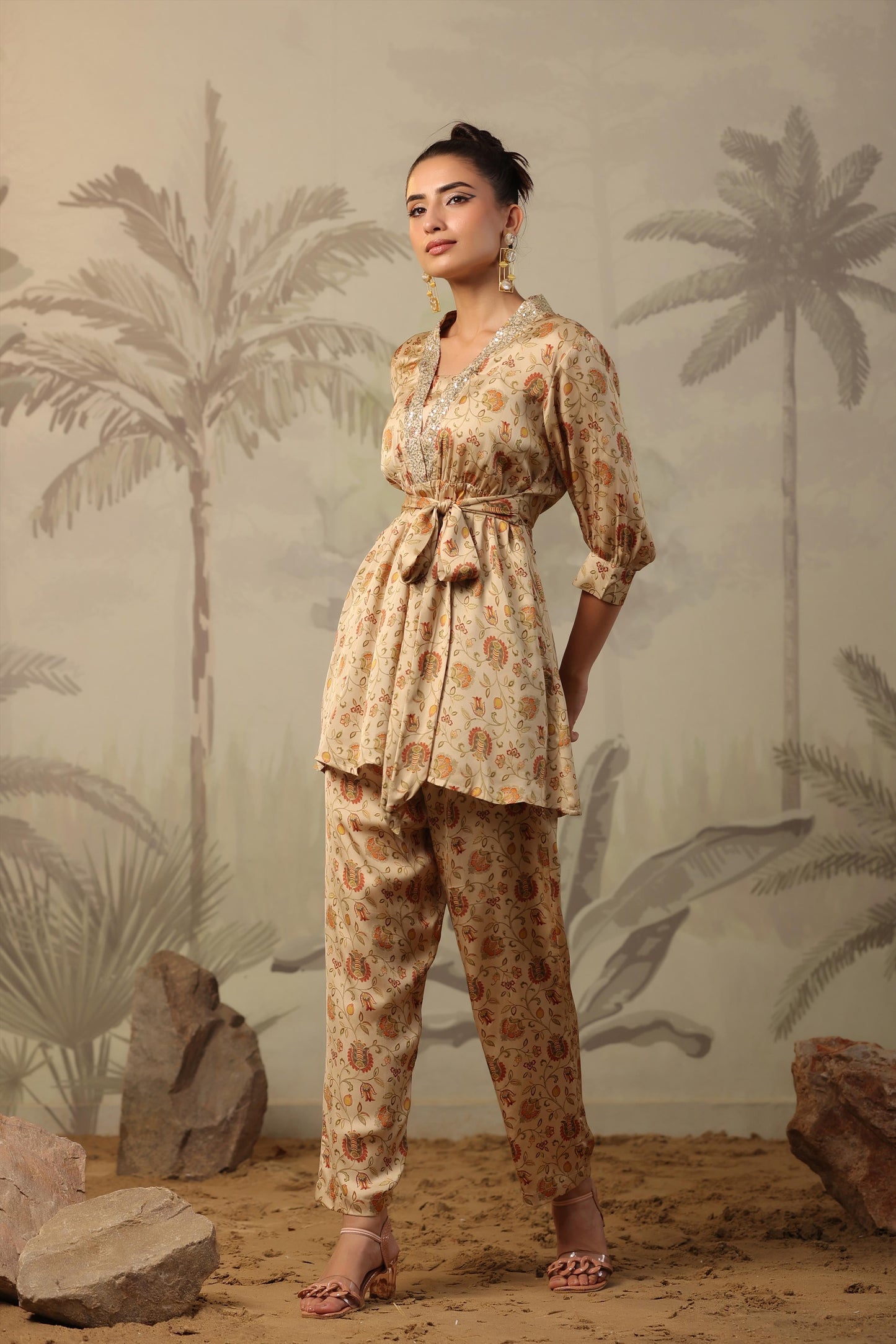 SummerFalling-Beige Chintz Printed Satin Silk Co-Ord Set