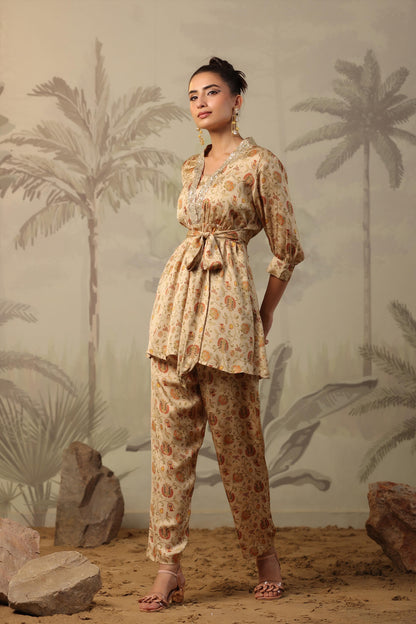 SummerFalling-Beige Chintz Printed Satin Silk Co-Ord Set