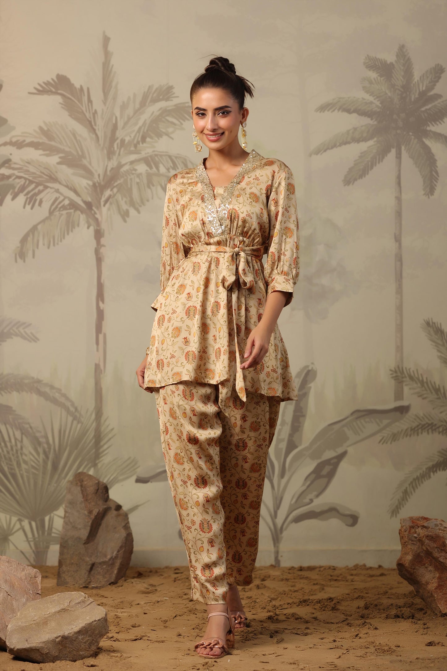 SummerFalling-Beige Chintz Printed Satin Silk Co-Ord Set