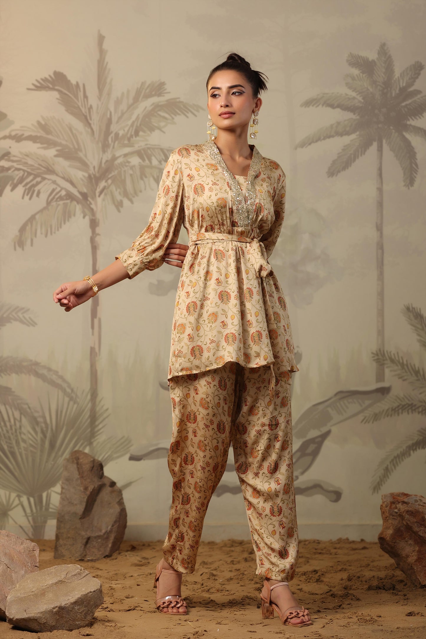 SummerFalling-Beige Chintz Printed Satin Silk Co-Ord Set