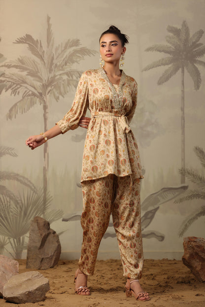 SummerFalling-Beige Chintz Printed Satin Silk Co-Ord Set