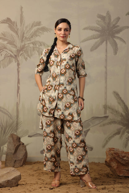 SummerFalling-Beige Shibori Printed Italian Silk Co-Ord Set