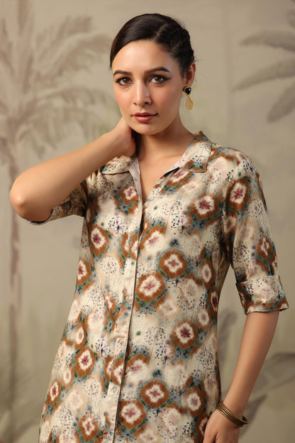 SummerFalling-Beige Shibori Printed Italian Silk Co-Ord Set
