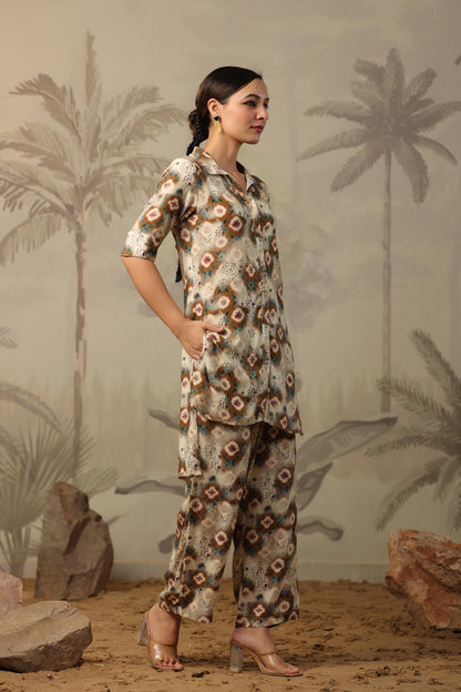 SummerFalling-Beige Shibori Printed Italian Silk Co-Ord Set