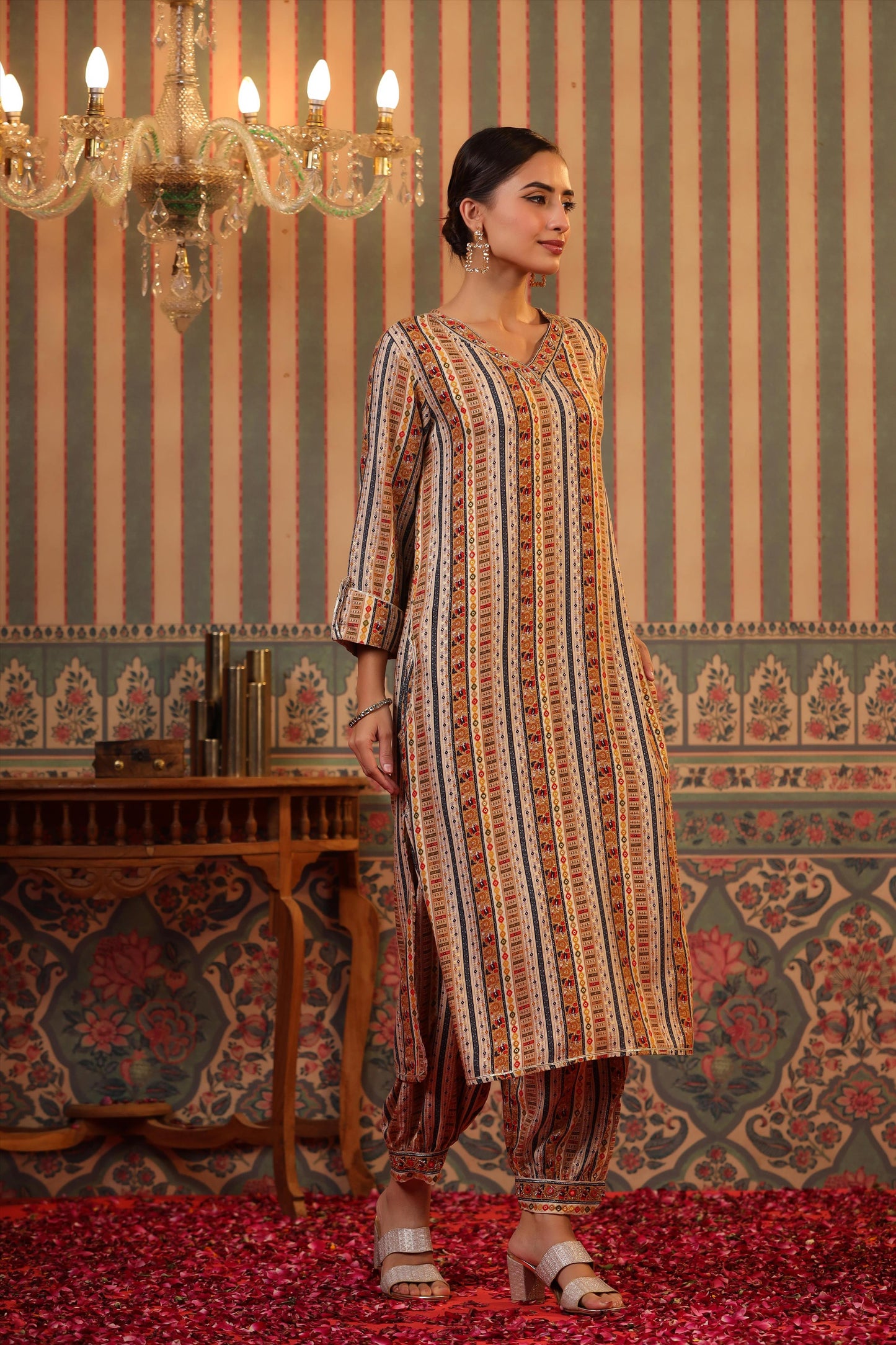 SummerFalling-Beige Foil Printed Spanish Silk Pathani Suit Set