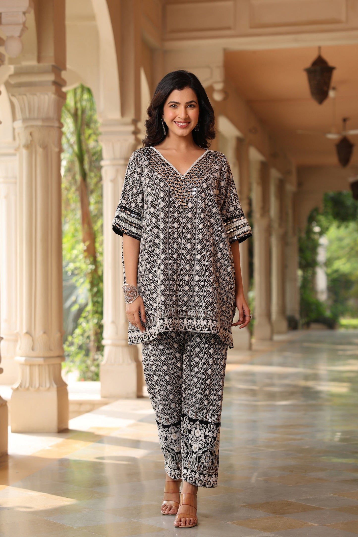 SummerFalling-Black Chic Chikankari Embroidered Kaftan Tunic Co-Ord Set