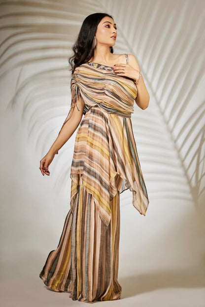 SummerFalling-Beige Striped Pure Chinnon Tunic with Sharara